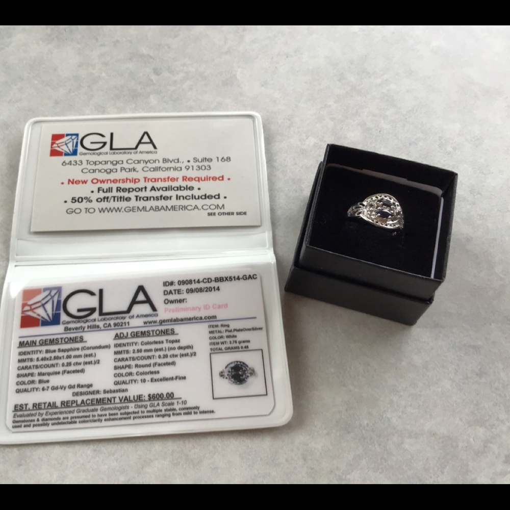 BLUE SAPPHIRE & TOPAZ PLATINUM OVER STERLING RING W/CERTIFICATION